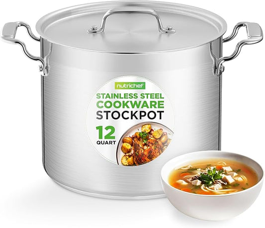 NutriChef 12-Quart Stainless Steel Stockpot with Stainless Steel Lid - 18/8 Food Grade Heavy Duty Large Stock Pot for Stew & Soup, Works w/Induction by NutriChef%E2%84%A2Kitchen