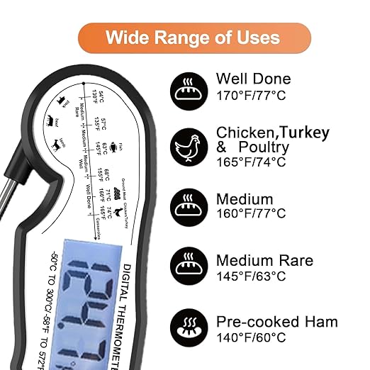 Digital Instant Read Meat Thermometer Digital for Grilling and Cooking - ANDAXIN Waterproof Ultra-Fast Thermometer with Backlight&Calibration&Foldable Probe for Kitchen,Deep Fry,BBQ,Grill-Black/White - Image 3