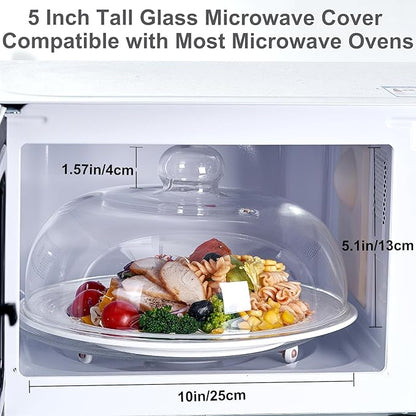 10 Inch Borosilicate Glass Microwave Splatter Cover for Food, All Glass Tall Splatter Guard Microwave Plate Light Serving Dish Covers Lid with Handle for Heating Food