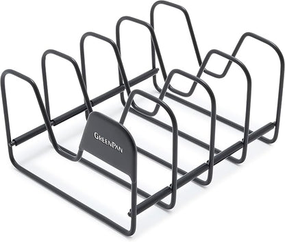 GreenPan Stainless Steel Wire Pots and Pans Lid Storage Rack, Holds 4 Lid Covers, Easy Storage, Countertop or Cabinent Organizer, Minimizes Clutter, Fast Drying, Wipes Clean, Black