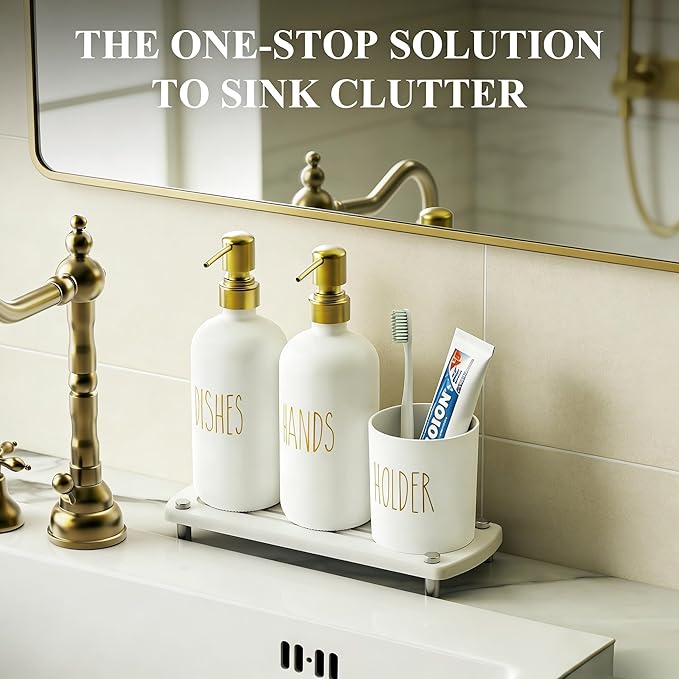 Cisily Kitchen Soap Dispenser Set Comes with Ceramics Sponge Holder, Gold Pumps, and Instant Dry Tray, Hand and Dish Soap Dispenser Set (4, Gold + White + Brush Holder) - Image 4