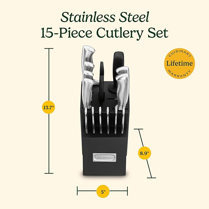 Cuisinart Stainless Steel Hollow Handle 15-Piece Cutlery Block Set, Kitchen Knife Set with Steel Blades for Precise Cutting, Durable Knives with Ergonomic Handles, C77SS-15PK (Pack of 2) - Image 5