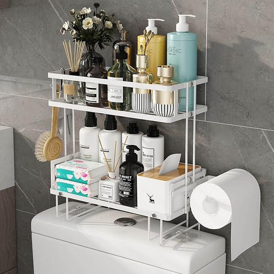 Godboat Bathroom Organizer - Over the Toilet Storage Cabinet, 2-Tier Floating Shelves, Wall Shelf with 2 Hooks & Paper Rack, Cool Accessories & Decor, Gifts for Women, Mothers Day (White)