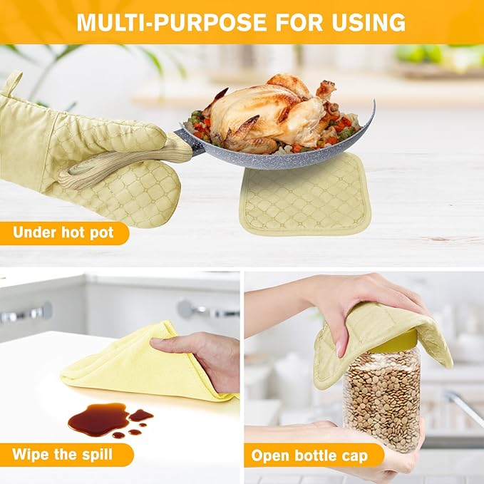 6 Pcs Oven Mitts and Pot Holders, 500℉ Heat Resistant Oven Mitts with Kitchen Towels Soft Cotton Lining and Non-Slip Silicone Surface Safe for Baking, Cooking, BBQ (Milkshake/Beige) - Image 5