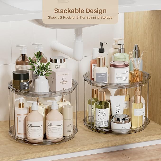 LAMU 2 Tier Lazy Susan Organizer 12 inch Large Lazy Susan Turntable Rotating Spice Rack Organization for Cabinet, Kitchen, Pantry, Countertop, Bathroom, Vanity, Medicine Cabinet Organizer, Grey - Image 4