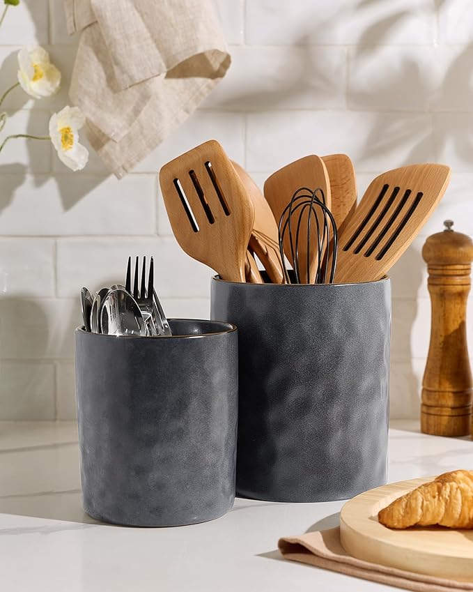 famiware Ocean Utensil Holder, 7.2"+5.8" Ceramic Kitchen Utensil Holder for Countertop, 2 Pieces Cooking Utensil Crocks, Utensil Organizer for Spatula & Spoon, Kitchen, Set of 2, Matte Dark Charcoal - Image 5