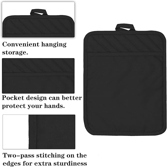 Oven Pot Holder with Pocket Cotton Heat Resistant Coaster Potholder Kitchen Hot Pad Oven Mitts for Cooking Square 7"x9" Set of 3 (Black) - Image 3