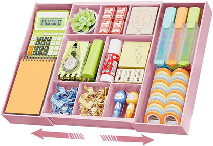 Marbrasse Expandable Desk Drawer Organizer, Clear Plastic Drawer Organizer Tray with 10 Adjustable Compartments, Desk Organizers and Accessories, 5 Drawer Dividers for Office Supplies, Makeup (Pink) by Marbrasse