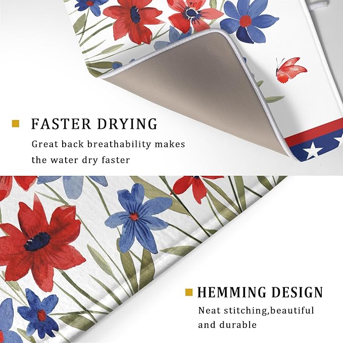 Giwawa 4th of July Flower Dish Drying Mat 18"x24" Independence Day Stars Dish Drainer Mats Watercolor Patriotic Floral Microfiber Dish Drying Rack Pad for Kitchen Countertop Large Decor