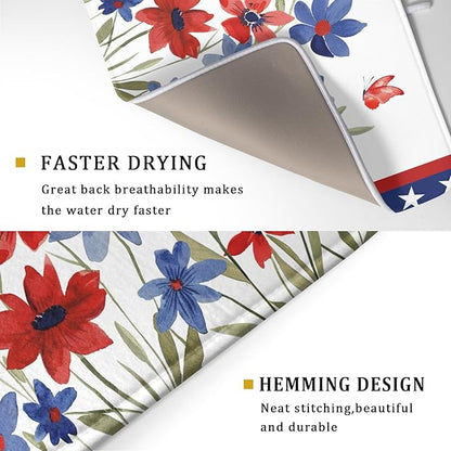 Giwawa 4th of July Flower Dish Drying Mat 18"x24" Independence Day Stars Dish Drainer Mats Watercolor Patriotic Floral Microfiber Dish Drying Rack Pad for Kitchen Countertop Large Decor