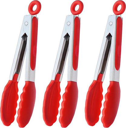 HINMAY 7-Inch Mini Silicone Tongs Small Serving Tongs for Appetizers, Set of 3 (Red) by HINMAY