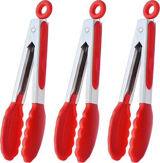 HINMAY 7-Inch Mini Silicone Tongs Small Serving Tongs for Appetizers, Set of 3 (Red) by HINMAY
