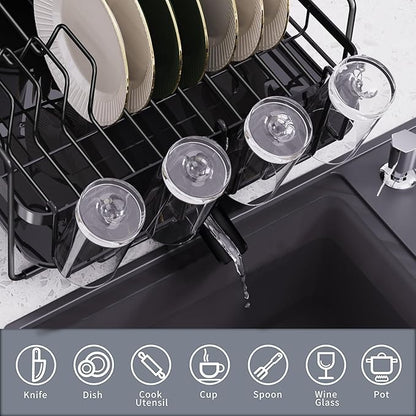 Runnatal Dish Drying Rack Extendable, Large Dish Rack with Drainboard, Utensil Holder, Cup Holder, Expandable Dish Drainer for Kitchen Counter, 20.5"-27.6" L x 12.6" W - Image 4