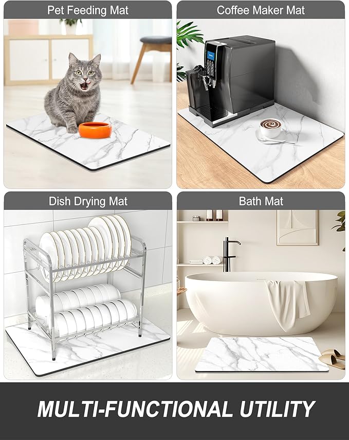 Rnivvi Dish Drying Mat for Kitchen Counter, 12 x 19" Cute Marble Super Absorbent Draining Pad, Non-Slip Heat Resistant Coffee Bar Mats for Coffee Machine Station Accessories, White Dish Rack Pad - Image 7