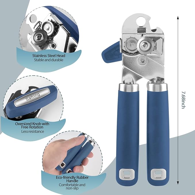Safring Can Opener Manual, Heavy Duty Handheld Strong Can Opener with Soft Touch Handle, Sharp Blade Smooth Edge, Can Openers with Multifunctional Bottle Opener, Blue - Image 2