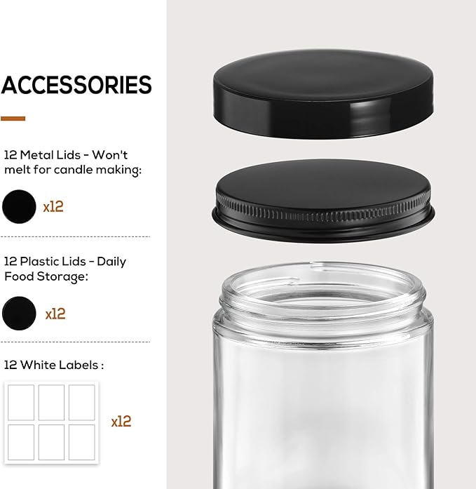 12 Pack, 8 OZ Clear Candle Jars For Making Candle, Thick Glass Jars with 12 Metal & 12 Plastic Lids - Empty Round Food Storage Containers, Canning Jar For Spice, Powder, Liquid, Sample - Food Grade - Image 3
