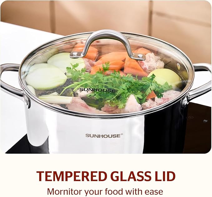 SUNHOUSE Stainless Steel Stock Pot - 7 Quart Heavy-Duty Induction Cooking Pot with Visible Lid for Pasta, Soup, Spaghetti - Nonstick Thick-Bottom Deep Stockpot for Canning, Boiling, and Simmering - Image 7