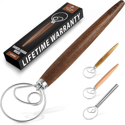 Zulay Kitchen 13 Inch Danish Dough Whisk - Large Wooden Danish Whisk For Dough With Stainless Steel Ring - Traditional Dutch Whisk Baking Tool For Bread, Batter, Cake, Pastry (Ashwood) by ZulayKitchen