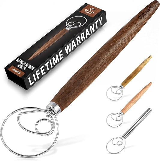 Zulay Kitchen 13 Inch Danish Dough Whisk - Large Wooden Danish Whisk For Dough With Stainless Steel Ring - Traditional Dutch Whisk Baking Tool For Bread, Batter, Cake, Pastry (Ashwood) by ZulayKitchen
