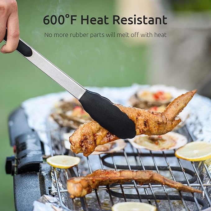 Kitchen Tongs, U-Taste 7/9/12 inches Cooking Tongs, with 600ºF High Heat-Resistant Non-Stick Silicone Tips, 18/8 Stainless Steel Handle, for Food Grill, Salad, BBQ, Frying, Serving, Pack of 3(Black) - Image 3
