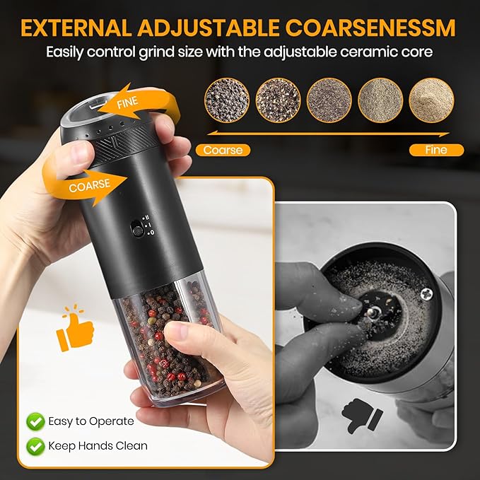 Rechargeable Gravity Electric Salt Grinder Set with Variable Grinding Speed, External Adjustable Coarseness, External Adjustable Coarseness, Charging Base and White LED Light,Black - Image 5