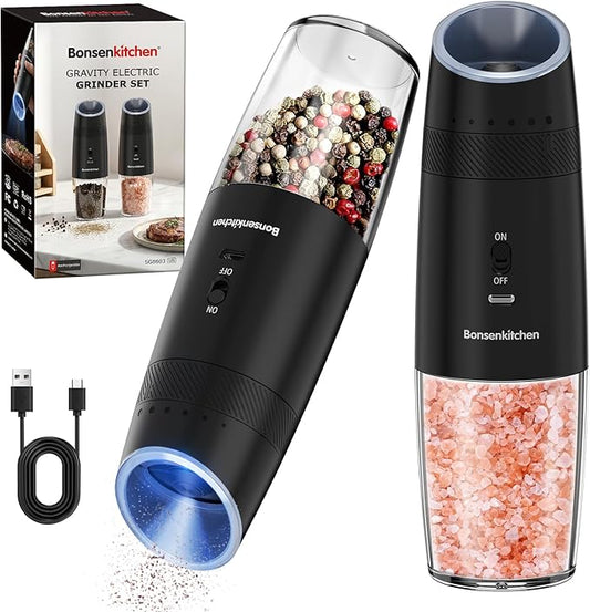 Bonsenkitchen Gravity Electric Salt and Pepper Grinder Set,Type-C Rechargeable Automatic Grinder With 6-Level Coarseness Adjustment, LED Light, 135ML Large Capacity for Kitchen, BBQ & Camping