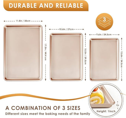 Baking Sheet Pan Set of 3, Commercial Cookie Sheets for Baking, Nonstick Half/Quarter/Jelly Roll Pans Replacement Toaster Oven Tray, Heavy Duty & Easy Clean, Rose Gold - Image 2