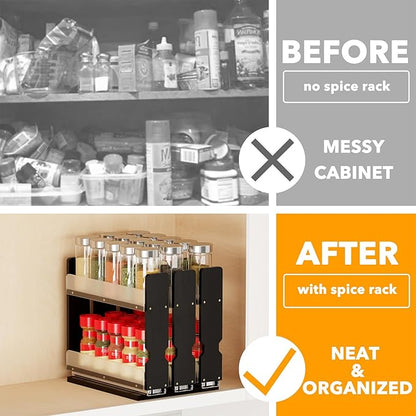 SpaceAid Bamboo Pull Out Spice Rack Organizer for Cabinet, Heavy Duty Slide Out Seasoning Kitchen Pantry Sliding Vertical Organization, 7.6" Wide, 3 Drawers(2" Wide), 2-Tier, Black - Image 2