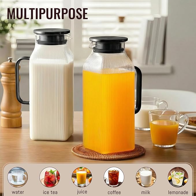 2 Pack 2 Liter/68 oz Square Glass Pitcher with Lid, Classic Stripes Water Pitchers with Handle for Fridge, Large Jug for Iced Tea, Coffee, Borosilicate Glass Carafe for Hot/Cold Brew Drink, Black - Image 3