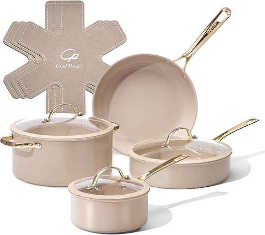 Chef Power Ceramic Cookware Sets, 10Pcs Pots and Pans Set Non Stick, Cookware Set with Stainless Steel Handle, Dishwasher & Oven Safe, Taupe and Light Gold Handle by ChefPower