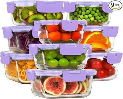 HOMBERKING Glass Food Storage Containers with Lids, 18 Piece Meal Prep Containers, Airtight Lunch Bento Boxes, BPA-Free & Leak Proof (9 Lids & 9 Containers) - Purple by HOMBERKING