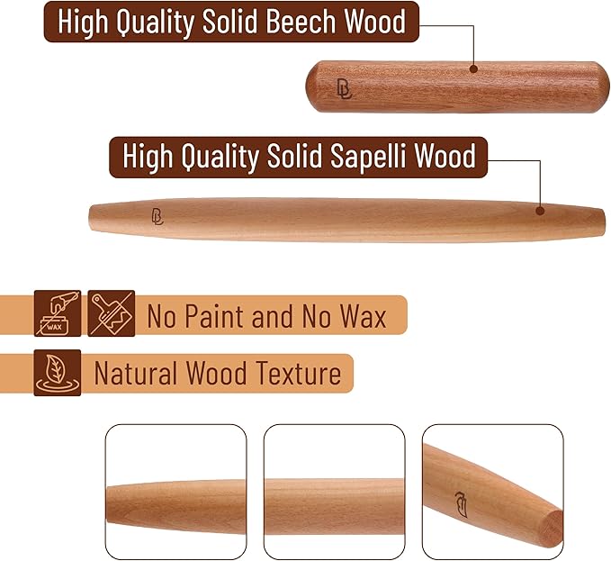 BAMBOO LAND- French Rolling Pin Set, 2 pcs, 16", 8", Natural Wood Rolling Pins for Baking - Image 3