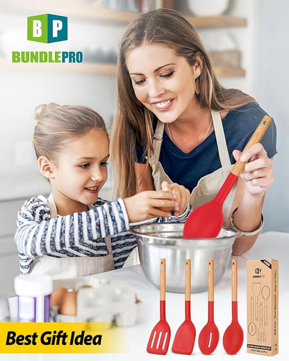 Pack of 4 Silicone Cooking Utensils Set, Non Stick Solid Spatulas and Heat Resistant Slotted Spoons with Wooden Handle, Ideal Wood Kitchen Utensils Set for Frying,Serving,Turning,Stirring (RED) - Image 7