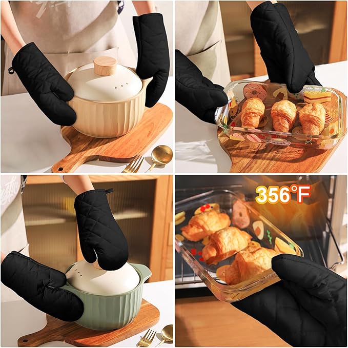 AUAUY 1 Pair Oven Mitts, Heat Resistant BBQ Gloves-Oven Mitts with Recycled Infill Cotton Non-Slip Cooking Gloves for BBQ Kitchen Baking Cooking - Black - Image 6
