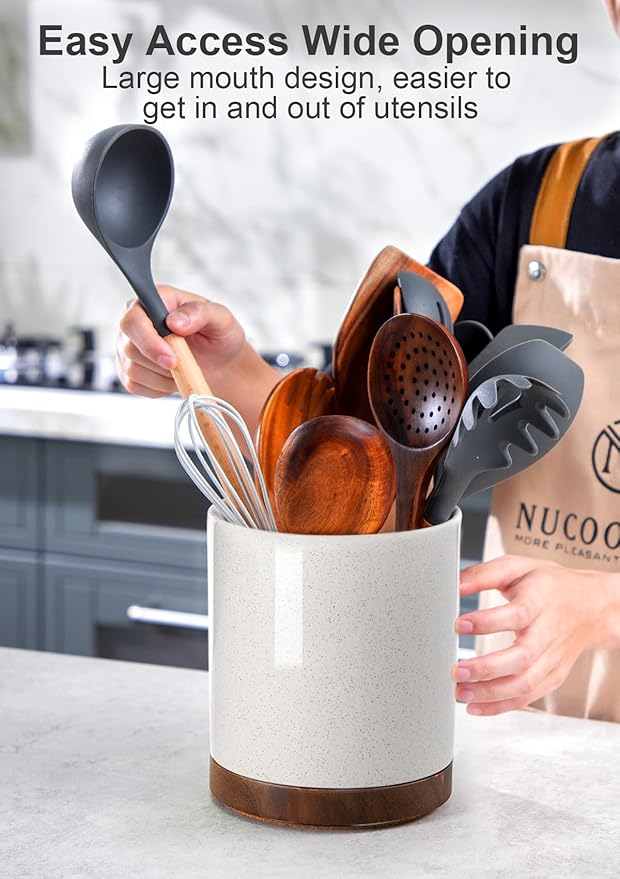 Nucookery 360°Rotating Utensil Holder, 7.2" Large Utensil Crock, White Ceramic Cooking Utensil Organizer,Farmhouse Kitchen Decor Christmas Thanksgiving Gift (Sand) - Image 4