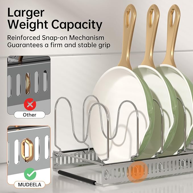 MUDEELA Pots and Pans Organizer Rack for under Cabinet, Expandable Pot Lid Kitchen Cabinet Organizer Holder with 10 Adjustable Compartment Cutting Board Organizer for Pan Lid Cookie Sheet Rack, Silver - Image 3