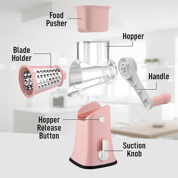 Zulay Kitchen Rotary Cheese Grater 5 Blade Cheese Shredder - Manual Hand Crank Cheese Grater With Reinforced Suction & 5 Interchangeable Drums - Easy to Use, Vegetable Chopper Round Mandoline Slicer - Image 8