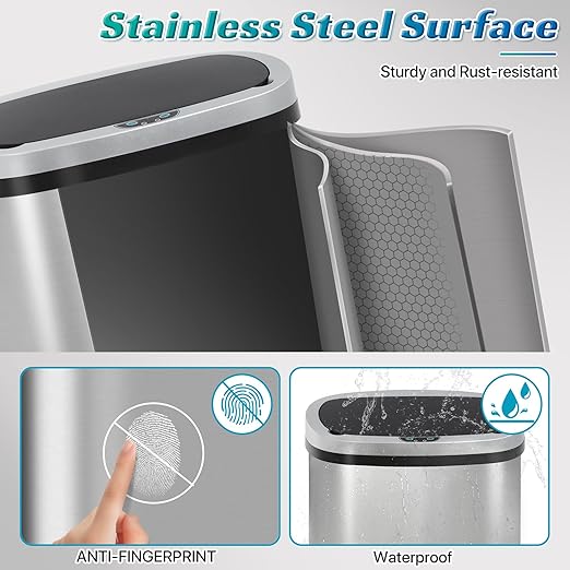Dkeli 13 Gallon Automatic Motion Sensor Trash Can, Stainless Steel Touchless Kitchen Trash Can with Lid, 50L High-Capacity Office Bathroom Bedroom Garbage Bin