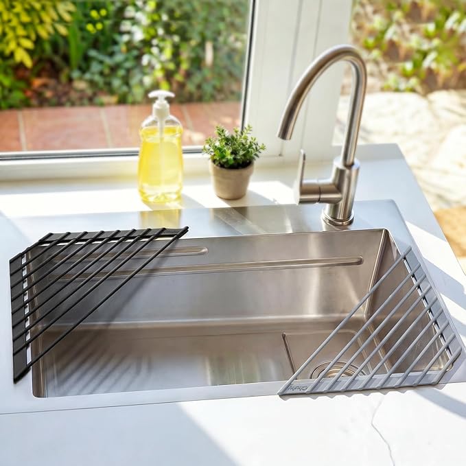 Corner Sink Caddy, Ohuhu Sponge Holder for Kitchen Sink Organizer Silicone Wrapped Steel Anti Slip Rust Triangle Over the Sink Dish Drying Rack for Sink Corner Multipurpose Drainer Trivet Space-Saving - Image 8