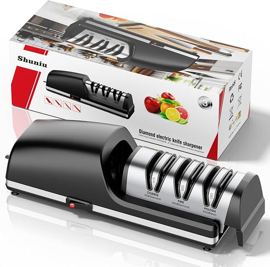 Professional Electric Knife Sharpener, 3-Stage Diamond Abrasive Sharpening System, Replaceable Sharpening Heads, 15° Precision Angle Guide for Kitchen Knives, Quick Blade Repair and Restoration by Shuniu