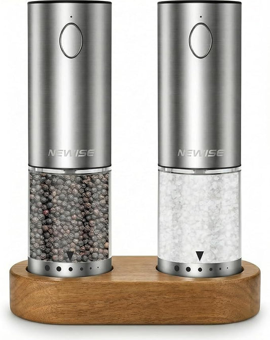 Electric Salt and Pepper Grinder Set - Acacia Wood Base, Rechargeable & Automatic Pepper Mill with LED Lights, Adjustable Coarseness, 95ml Large Capacity, Kitchen Birthday Gifts for Women