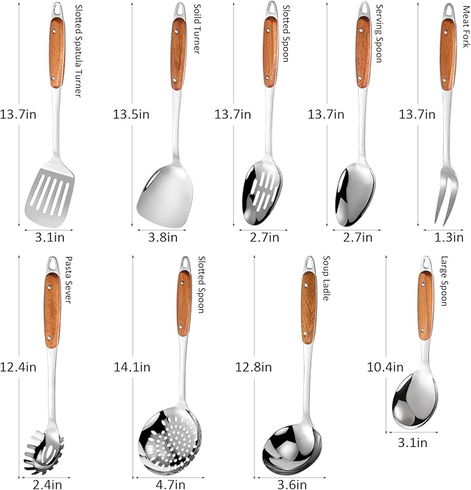 304 Stainless Steel Cooking Utensils Set,9PCS Metal Kitchen Utensils Set with Wooden Handle,Solid Spoon,Spatula,Ladle,Skimmer Spoon,Spaghetti Spoon,Dishwasher Safe - Image 2