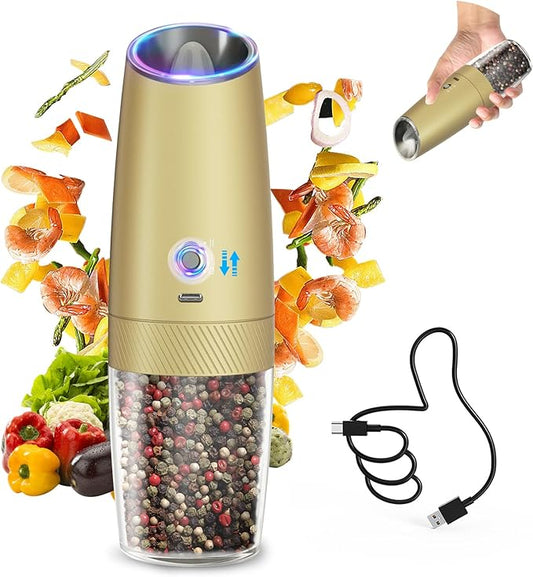 CIRCLE JOY 2-Speed Gravity Electric Pepper Grinder, Rechargeable Salt Grinder Pepper Mills, Adjustable Coarseness, White LED Light, 135ML Large Capacity, Gold by CIRCLEJOY