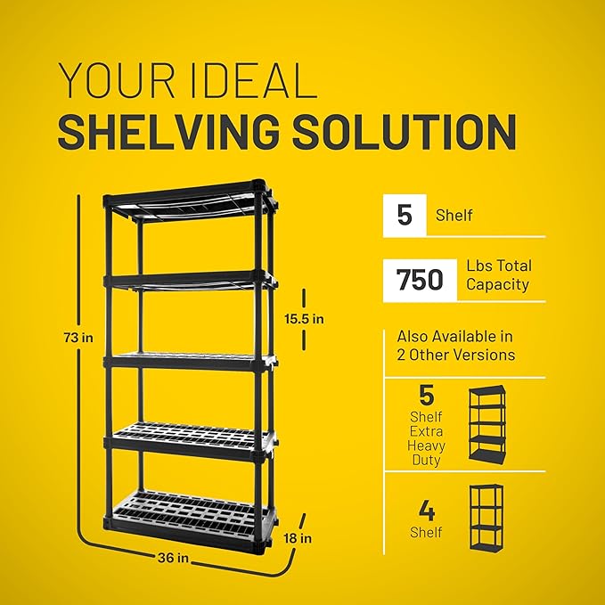 Plano 5-Shelf Plastic Storage Shelves, 73” x 36” x 18”, 750lb Capacity, Pantry, Office, Closet and Garage Shelves, Easy to Assemble, Durable Plastic Shelving Unit - Image 2