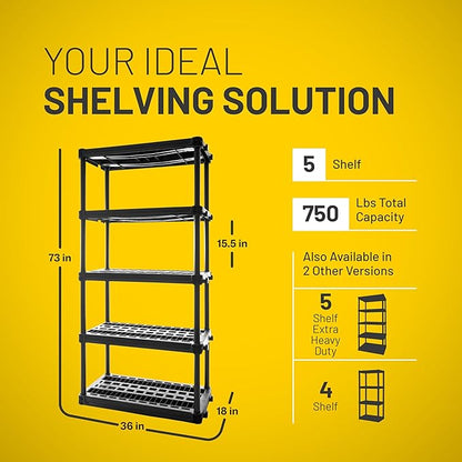 Plano 5-Shelf Plastic Storage Shelves, 73” x 36” x 18”, 750lb Capacity, Pantry, Office, Closet and Garage Shelves, Easy to Assemble, Durable Plastic Shelving Unit - Image 2