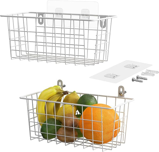 MaraFansie Hanging Wire Baskets Kitchen Storage Basket Adhesive and Screws Basket Over the Cabinet Door Organizer with Adhesive Strips and Screws Accessories, 2 Installations, 2 Pack, White by MakeStorageMoreFun
