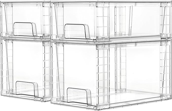 Vtopmart 4 Pack Clear Stackable Storage Drawers,Under Sink and Kitchen Organizers Storage,Easy to Assemble Plastic Drawers for Baby Bottle,Medicine, Bathroom,Cabinet and Pantry Organization by Vtopmart