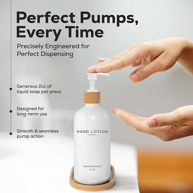 White Glass Lotion Dispenser with Pump Bathroom Set by Brighter Barns - Hand Lotion Dispenser with Tray - Modern Bathroom Decor - Boho Bedroom Decor for Housewarming Gift, Airbnb, Hotel (White) - Image 4