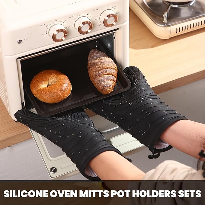 4 Pieces Oven and Pot Holders Mitts of Macaron Color Thickened Non-Slip Silicone Kitchen Gloves, Heat Resistant up to 500F, Essential for Kitchen Baking(makal-HEI) - Image 6