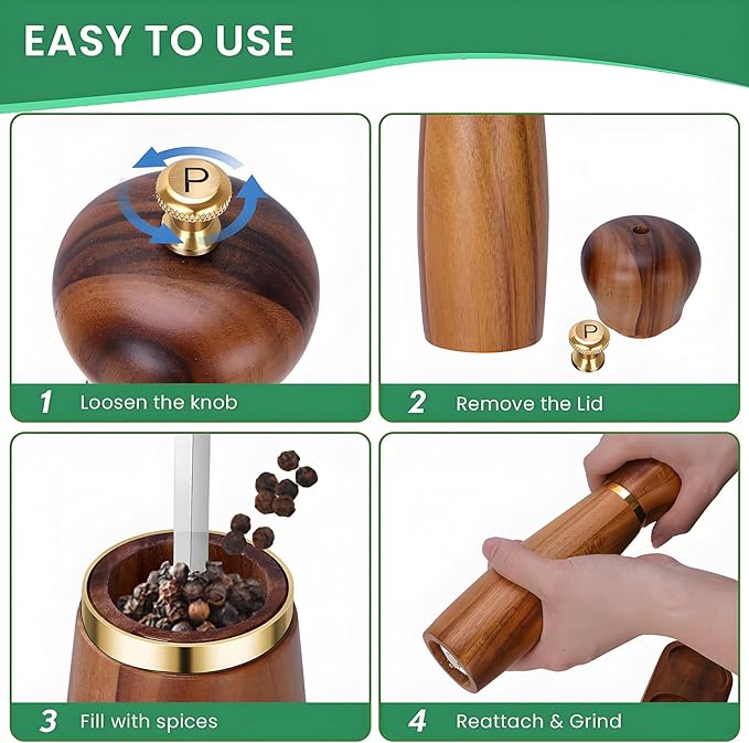 Acacia Wood Salt and Pepper Grinder Set, 8-Inch Manual Pepper Mill Grinder with Adjustable Coarseness, 2 Pack Wooden Salt and Pepper Shakers Set